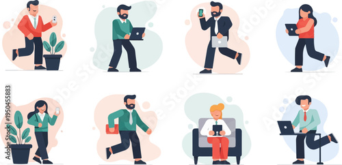 Diverse professionals engaged in modern work activities with digital devices and plants