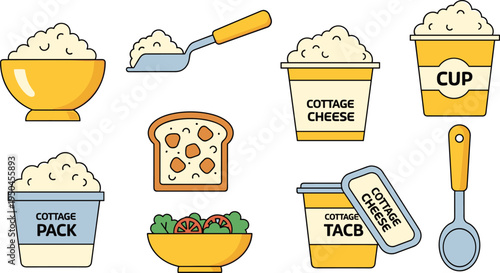 Cottage Cheese Dairy Food Vector Collection Featuring Cottage Cheese Bowls, Containers, Bread Slice, Salad Bowl, Scoop Spoon and Dairy Cups Illustration