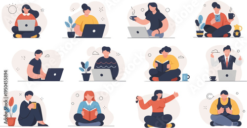 Diverse people engaged in various focused activities with laptops, books, and drinks