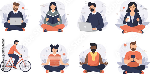 Diverse people in calm poses with technology and nature elements