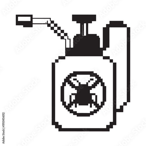 Pixelated illustration of a vintage insecticide sprayer with warning symbol
