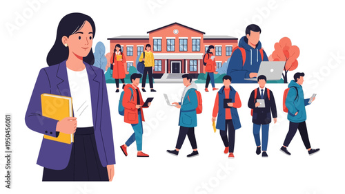 Campus Life: A vibrant illustration depicts university students on campus, navigating their academic journey.