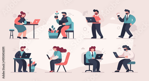 Diverse people working on laptops and phones, some holding plants or coffee