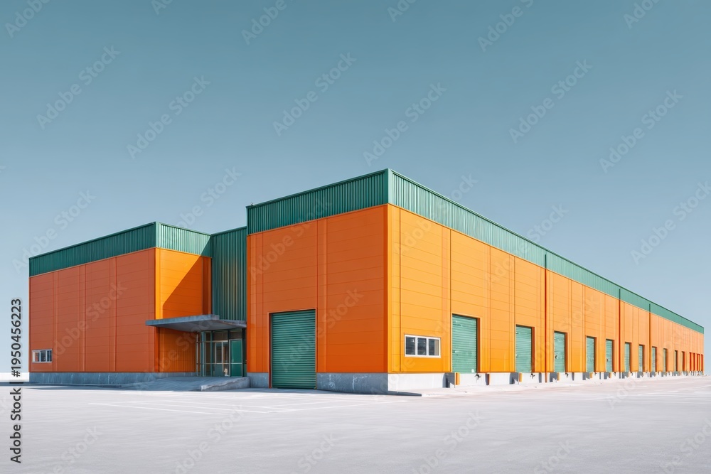 Fototapeta premium Modern warehouse facade on a sunny day, distribution center. Industrial Building of modern logistics hub. Loading dock. Large Business Entrance. Innovative logistic complex exterior. Cargo storage