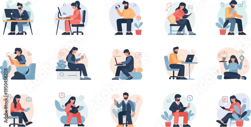 Flat design characters engaged in various digital activities and hobbies