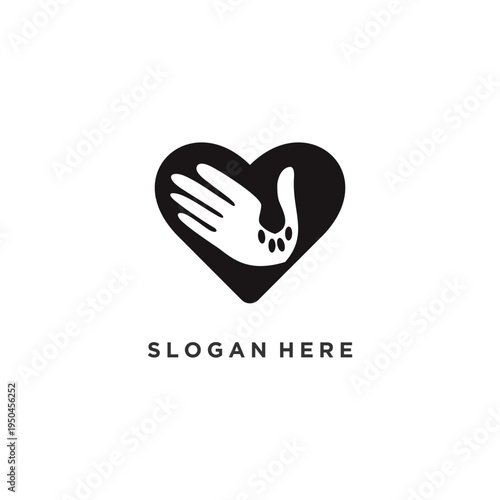 Heartshaped logo with hand and paw print concept of love and care.