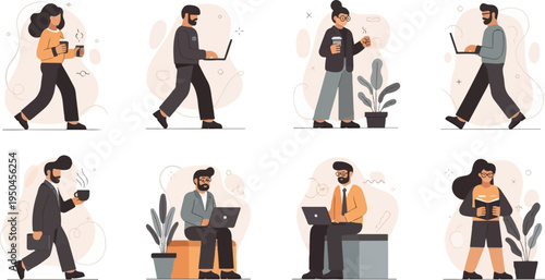 Flat illustration of people working and drinking coffee