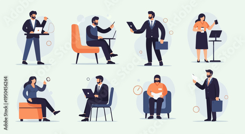 Diverse professionals engaged in various work-related activities, some with devices