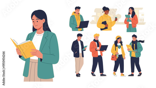 Knowledge Seekers: A curated collection of individuals immersed in learning, captured through distinct illustrations. These modern learners engage with books and laptops.