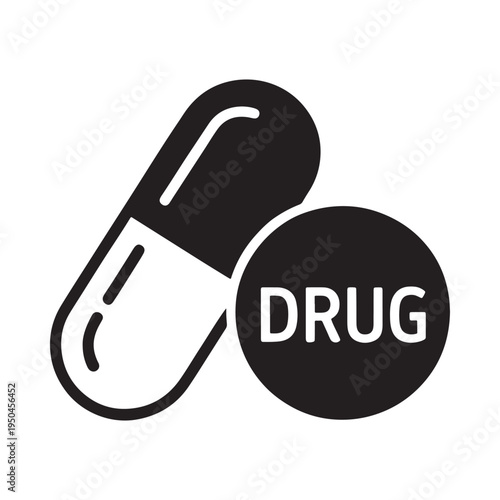 Simple black and white illustration of a pill and drug label