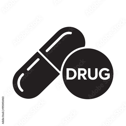 Black silhouette of a capsule pill with the word drug inside a circle