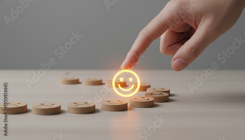 Finger selects glowing happy face from wooden tokens