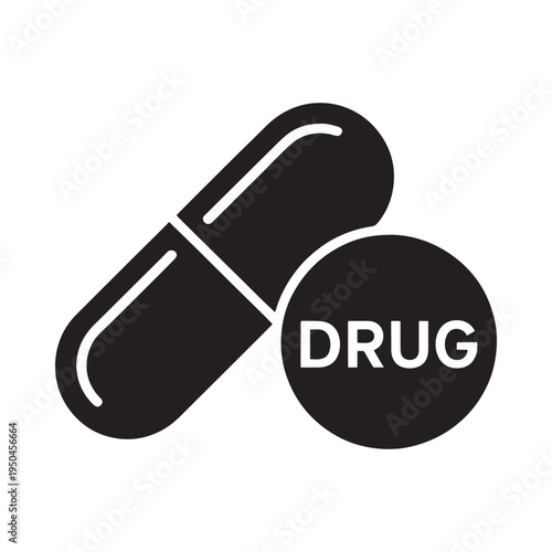 Black silhouette of a pill capsule with the word drug inside a circle