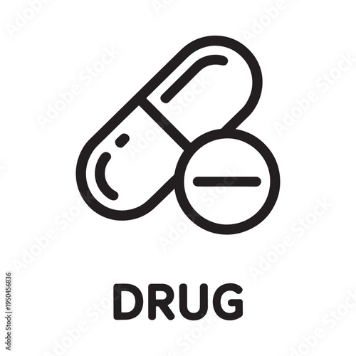 Simple black and white illustration of a pill and a circular tablet