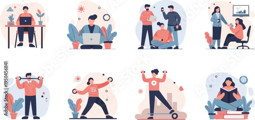 People engage in work, exercise, and relaxation in modern settings