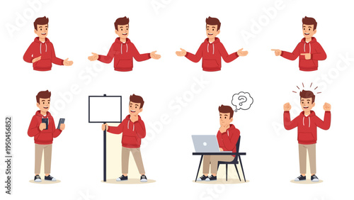 Versatile Man's Actions: A series of illustrations capturing a man in a red hoodie, showcasing various gestures and activities, including presentations, communication and problem-solving.