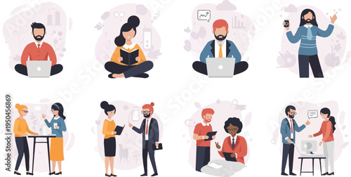 People interacting in a modern office setting, with laptops and conversations