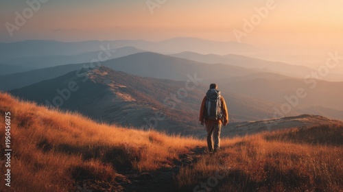 Lone hiker walking on mountain ridge at sunrise