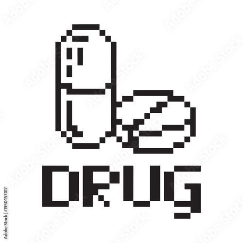 Pixelated illustration of a pill tablet and the word drug below