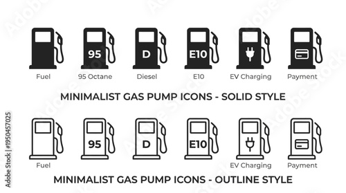 Fuel Pump Icons, Outline and Solid Styles, Unleaded 87, Diesel, Gas Station Vector Set for Energy, Transport, Fuel Signage, UI Design, Maps, Informational Graphics