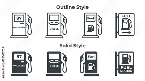Fuel Pump Icons, Outline and Solid Styles, Unleaded 87, Diesel, Gas Station Vector Set for Energy, Transport, Fuel Signage, UI Design, Maps, Informational Graphics