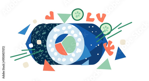 Abstract Sushi Roll Illustration with Geometric Shapes and Vibrant Colors