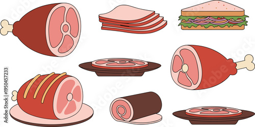 Ham Meat Food Vector Collection Featuring Whole Ham Leg, Sliced Ham Pieces, Roasted Ham Cut, Ham Sandwich and Ham Steak Plate Illustration