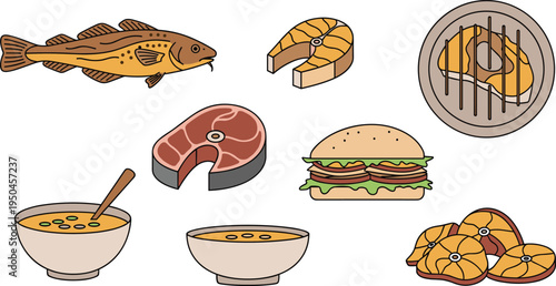 Grilled Fish, Salmon Steak, Burger Sandwich, Soup Bowls, Roasted Chicken, and Seafood Meal Collection Flat Vector Food Illustration Set