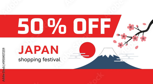 Japan Shopping Festival Sale Banner with Mount Fuji and Cherry Blossoms