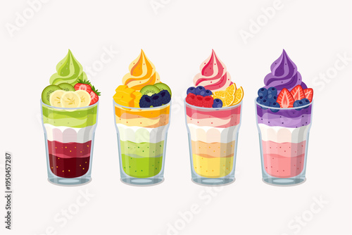 Set of four colorful fruit yogurt parfaits with swirls of soft serve ice cream and fresh fruit toppings.