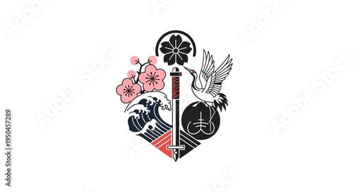 Japanese Emblem with Crane, Cherry Blossoms, Waves, and Sword