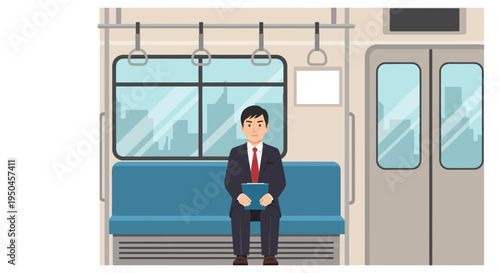 Man in Suit Traveling by Train, Holding a Book, Looking Thoughtful