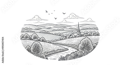 Rural Landscape with Village, River, and Rolling Hills - Sketch Illustration