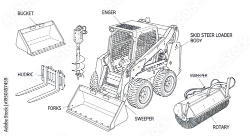 Skid Steer Loader with Attachments: Bucket, Forks, Auger, Sweeper