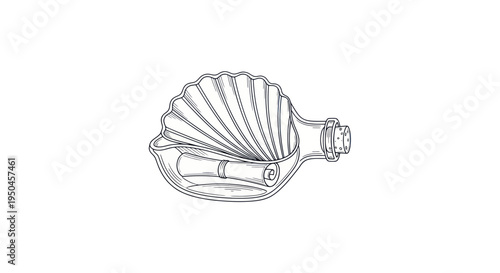 Seashell shaped glass bottle with rolled paper message inside, isolated on white background.