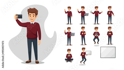 Character's Digital Life: Animated person interacts with electronic devices in various scenarios, a perfect depiction of digital lifestyle.