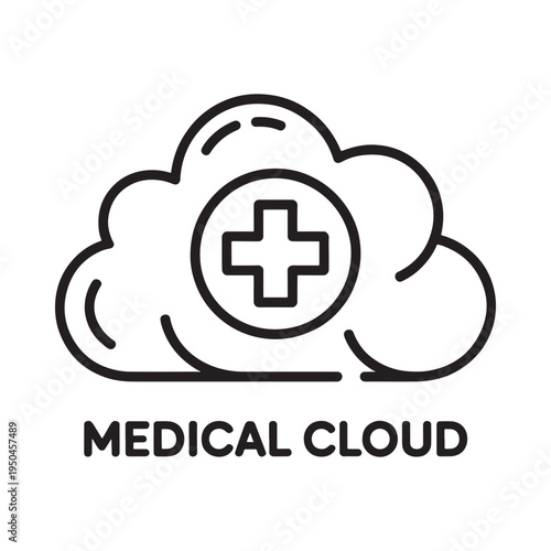 A black and white line drawing of a medical cloud icon