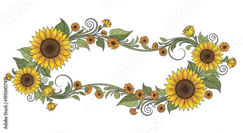 Sunflower Floral Border Design with Green Leaves and Swirls