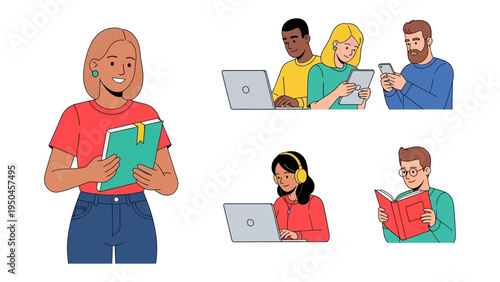Diverse Learning Environment: Depicting a diverse collection of individuals immersed in various forms of learning and engagement, showcasing a blend of traditional and modern educational tools.