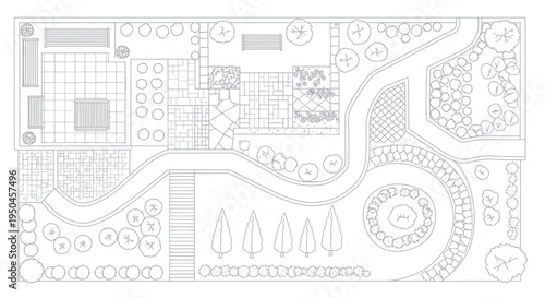 Top-down view of a garden landscape plan blueprint with pathways, seating, and plants