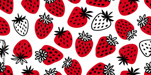 A playful pattern of vibrant red strawberries with black seeds and green leaves