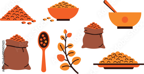 Lentil Legume Grain Vector Collection Featuring Lentil Piles, Lentil Bowls, Lentil Sack Bags, Lentil Spoon Scoop, Lentil Plant Branch and Cooked Lentils Plate
