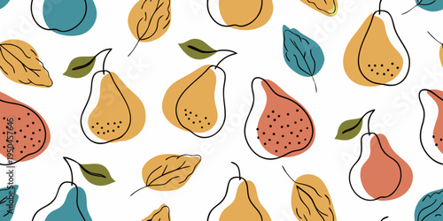 Stylized pears and leaves create a repeating pattern on white