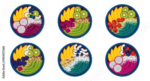 Colorful Smoothie Bowls with Exotic Fruits and Berries - Top View