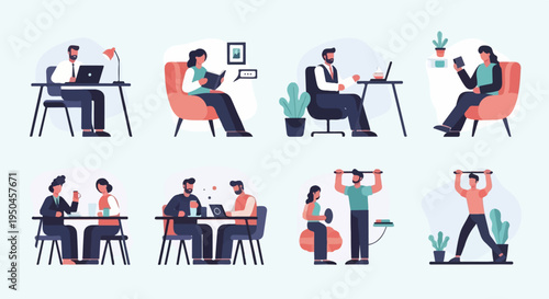 Flat illustrations of people working, relaxing, and exercising in modern settings