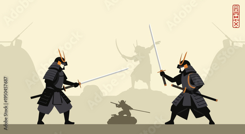 Two Samurai Warriors in Combat, Epic Battle Scene, Japanese Culture