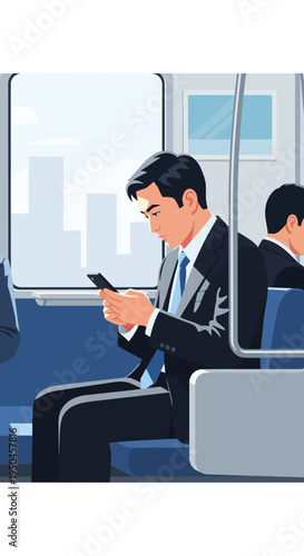 Businessman using smartphone on commuter train during morning commute