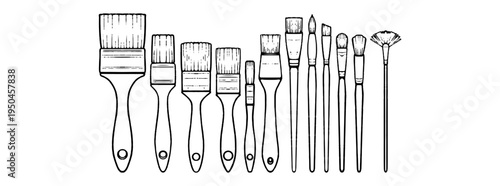 Black and White Line Art Illustration of 12 Brushes for Coloring Book and Minimalist Design.