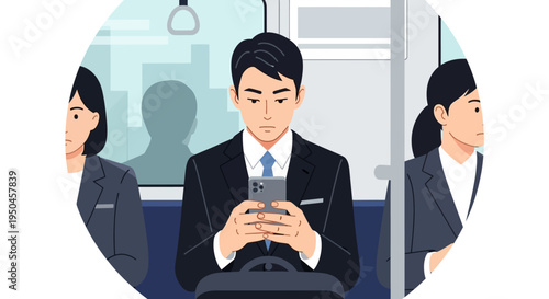 Commuter using smartphone on public transport, business people traveling to work