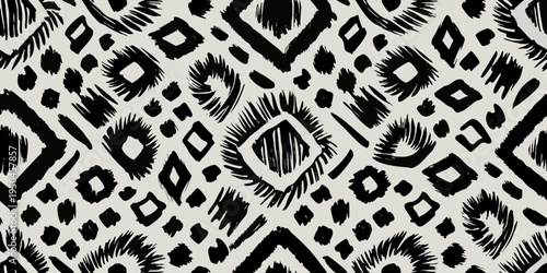 Abstract black and white ikat pattern with bold geometric shapes